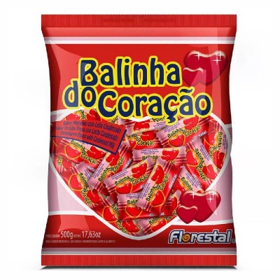 Bala Florestal Coração Sabor Morango Pacote 500gr