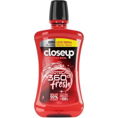 Enxaguante Bucal Antisséptico Zero Álcool Red Hot Closeup Proteção 360° Fresh Frasco Leve 500ml Pague 350ml 