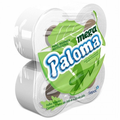 Papel Higienico Folha Simples Institucional Mega Paloma 300mt Pacote 8rl