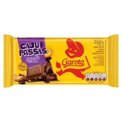 Chocolate Garoto Tablete Leite Caju Passas 80g