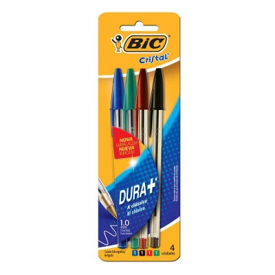 Caneta Bic Cristal 1.0 Azul/Preto/Verde/Vermelho 4un