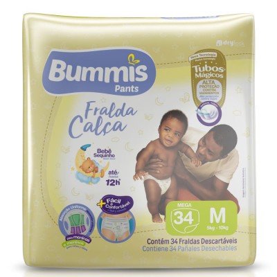 Fralda Descartável Infantil Calça Bummis Tubos Magicos Mega 34un M (5kg A 10kg)