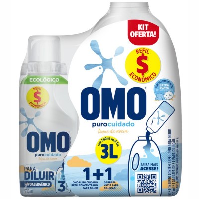 Kit Garrafa Para Diluição + Sabão Líquido Para Diluir Omo Puro Cuidado Toque De Aveia 500ml